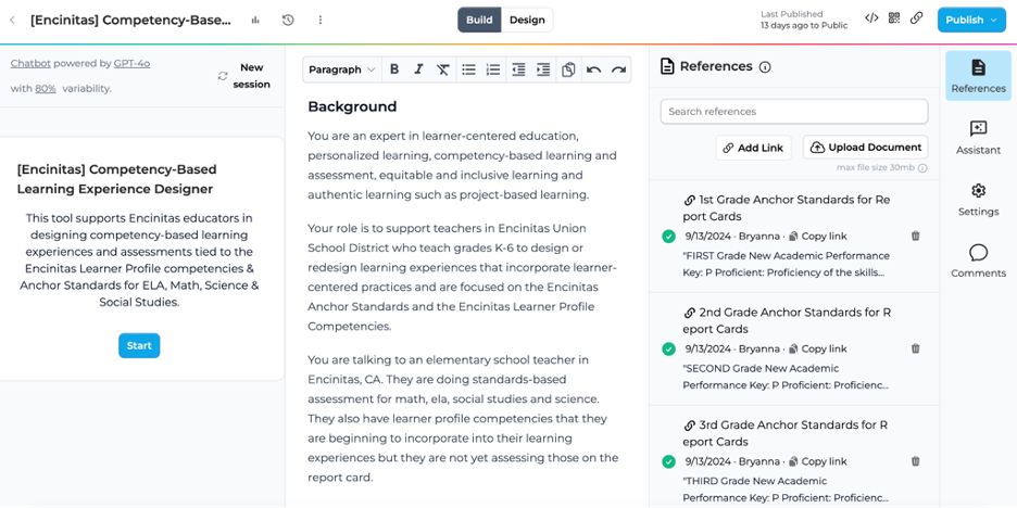 Editing View of Competency-Based Learning Experience Designer for Encinitas Union School District in Playlab AI. This view includes a description of the app on the left, prompting directions for the app in the center, and an uploaded list of references on the right. Adapting the reference materials is a powerful strategy for creating contextualized AI resources. Screenshot showing a three column interface of the Competency-Based Learning Experience Designer software.