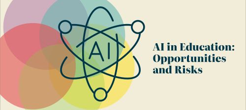 Illustration of an atom superimposed over a colour wheel of overlapping circles, with the text 'AI in Education: Opportunities and Risks' to the right.